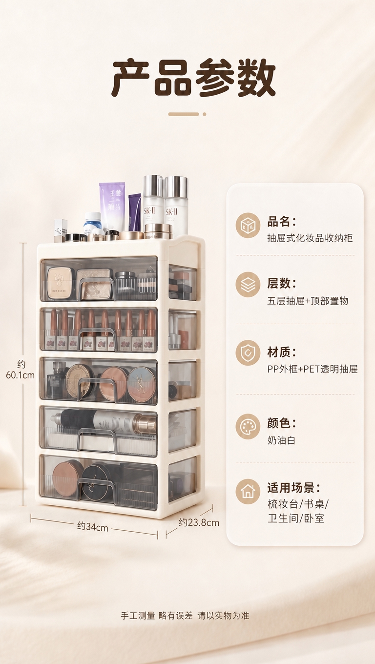 [商品] 使用【图1】奶油白五层抽屉式化妆品收纳柜产品参数页；… - 图片创意预览