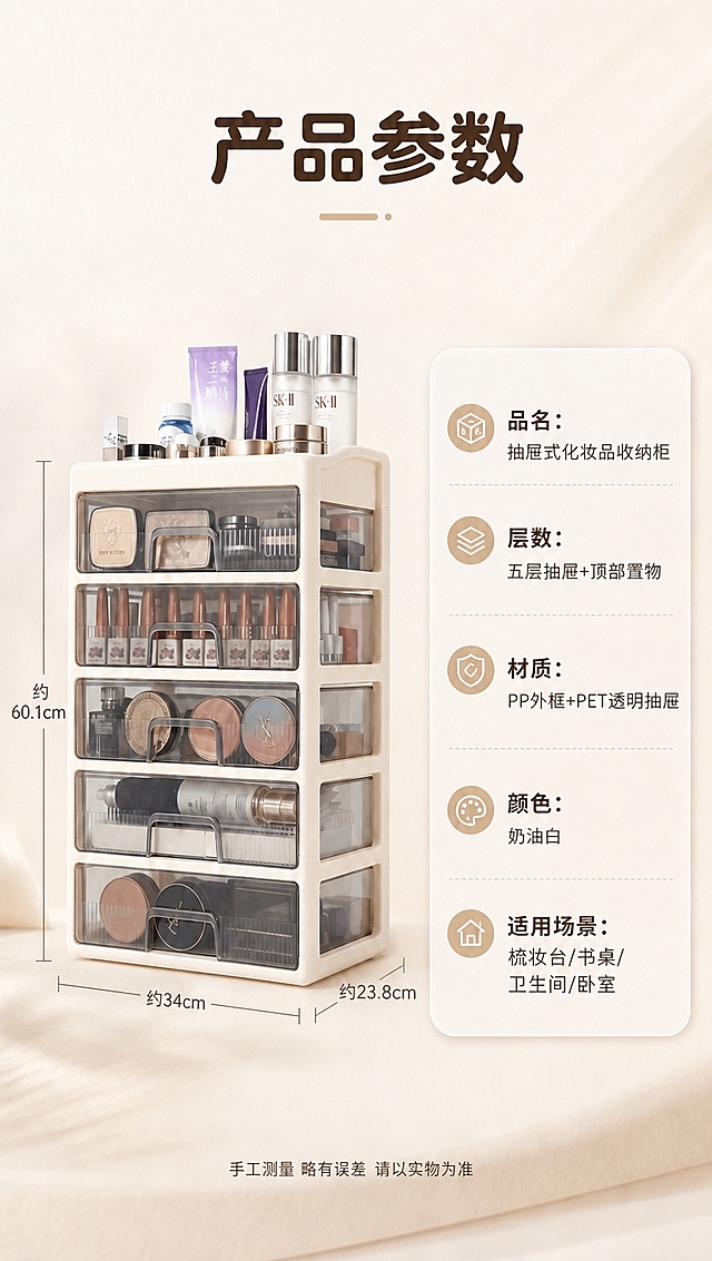 [商品] 使用【图1】奶油白五层抽屉式化妆品收纳柜产品参数页；保留产品外观、五层结构、透明抽屉、奶白色外框，以及右侧参数卡的版式、图标、字体、背景风格全部不变；仅修改三处尺寸标注的数字。
[画面] 目标：仅修改尺寸数值，其余版式完全保持原样。构图：左图右文完全保留原图布局，产品位置、参数卡位置、图标位置均不变。景别：全景，与原图一致。背景：与原图完全一致的浅奶油色渐变+底部织物质感。
[视觉] 套系策略：风格=奶油治愈系家居商业摄影；标题字=圆润黑体粗体；正文字=简洁无衬线黑体；主色=奶油米白；背景延展=基于奶油米白做深浅层级、同色渐变和细腻墙面/织物质感；强调色=奶茶棕，仅用于小面积图标、引线和标签；标题色=深咖棕；正文色=暖灰棕；组件=圆角浅底信息卡、细线引线、胶囊标签；光影=左前侧暖柔光，柔和自然阴影。
[文字] 顶部主标题「产品参数」保持不变；左侧高度尺寸标注由「约32cm」改为「约60.1cm」；底部宽度尺寸标注由「约24cm」改为「约34cm」；底部深度尺寸标注由「约18cm」改为「约23.8cm」；右侧参数卡所有内容、底部「手工测量 略有误差 请以实物为准」全部保持不变；所有文字字体、字号、颜色、位置与原图一致，全部横排排版。
[规格] 图片比例9:16竖版，4K分辨率，淘宝/天猫详情页风格，仅修改尺寸数字，其余元素完全保留原图；避免变形、错字、文字位置偏移、产品颜色改变、版式变动。