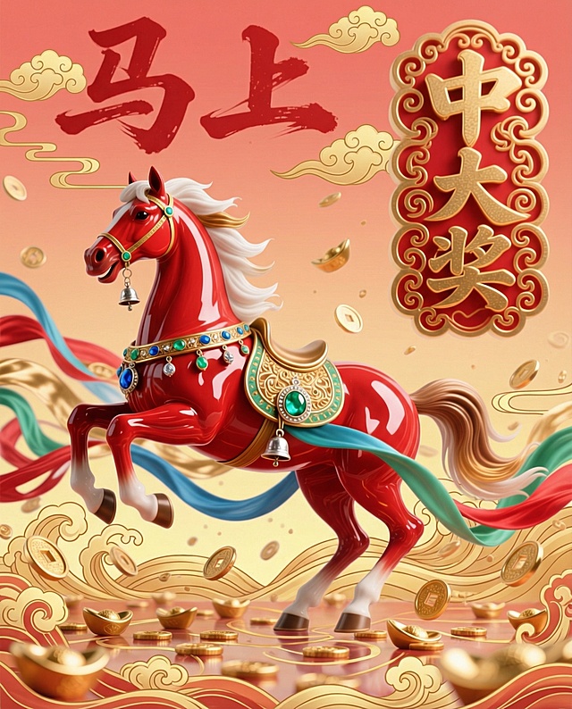 国潮风3D重拟物设计，鎏金金属质感搭配红马奔腾，喜庆中式元素满溢，金元宝与祥云环绕，奢华喜庆迎好运，并且以“马上中大奖“的吉祥寓意，希望带给大家好运！
