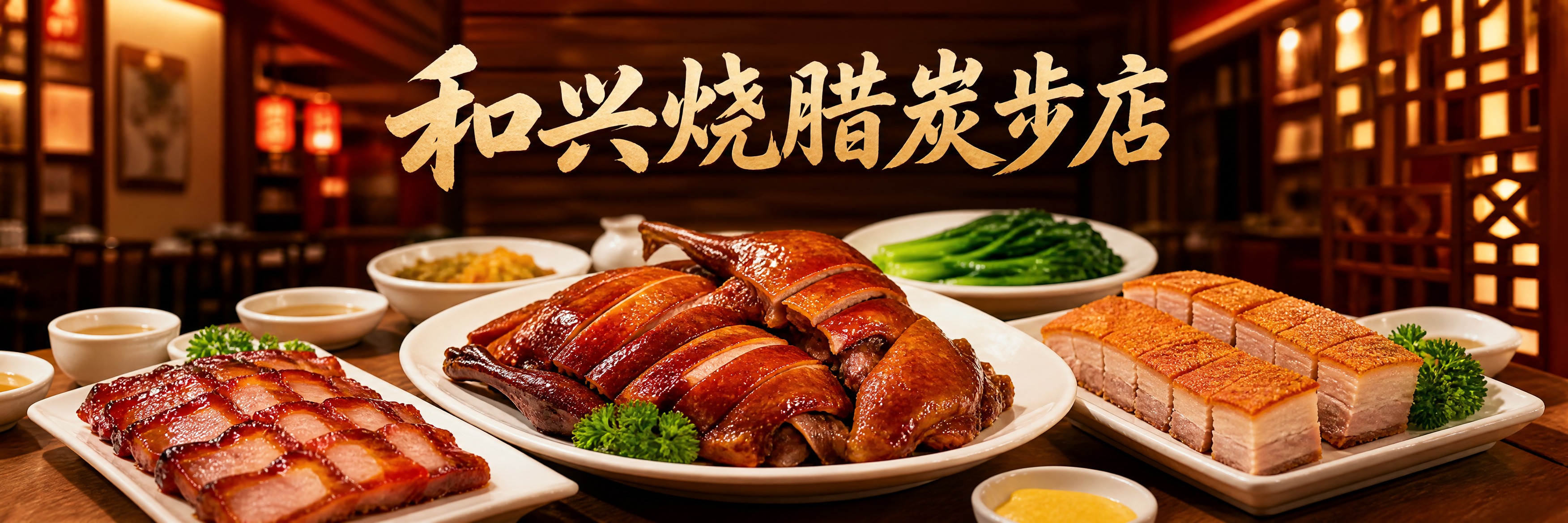 烧腊饭店海报设计，店名"和兴烧腊炭步店"，写实写真风格，横版构… - 图片创意预览