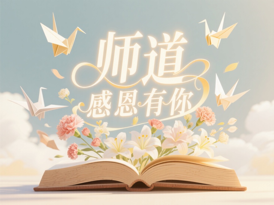 一本打开的巨大书籍中，无数由纸张折叠成的千纸鹤与花朵（如康乃馨、百合）从中飞出，涌向天空。书籍的封面是木质纹理，标题为“师道”。主标题“感恩有你”采用立体折叠纸艺风格字体，仿佛也是从书中飞出的一部分。预览效果