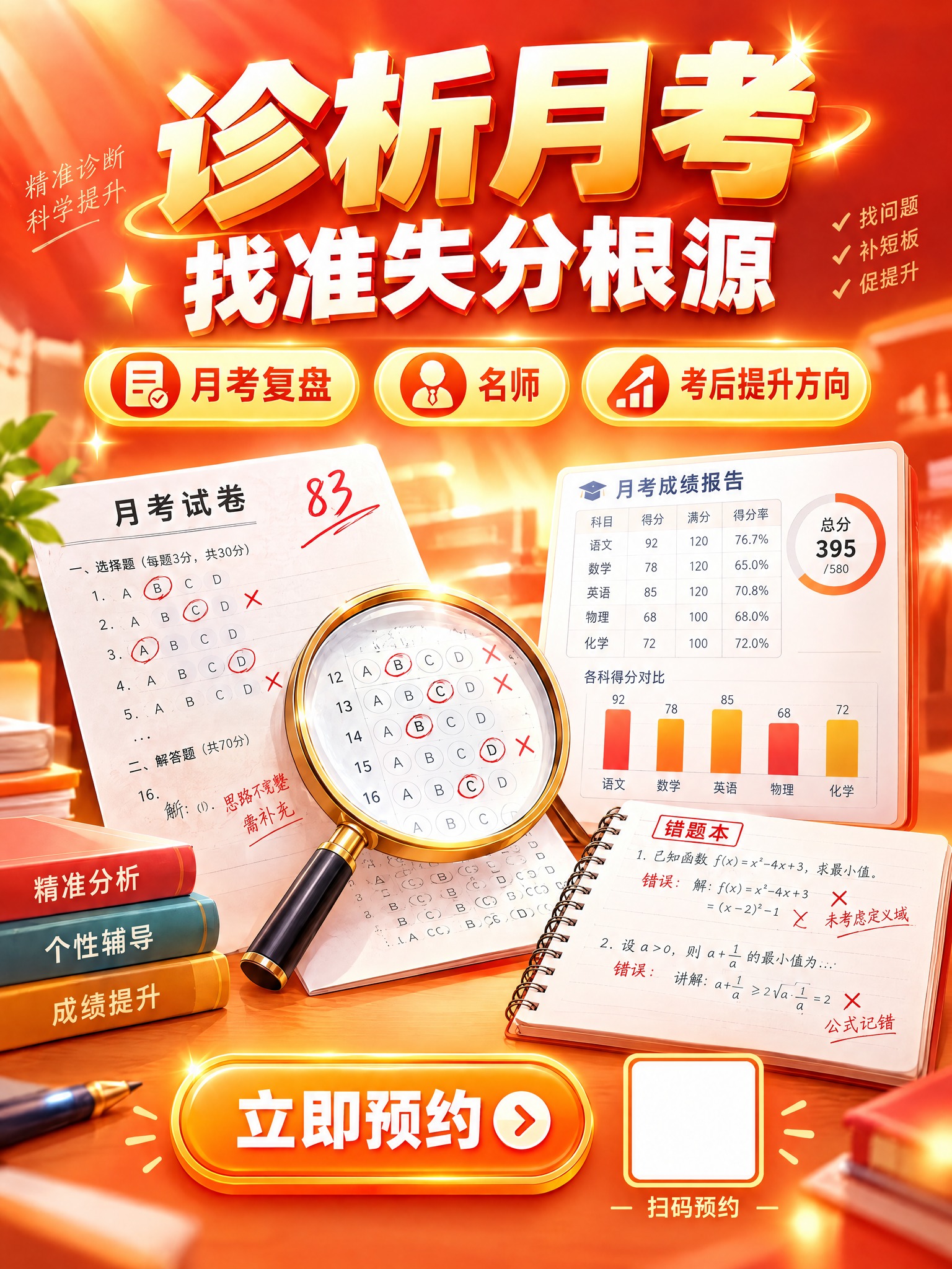 基于这张教育宣传海报进行修改：保留顶部"诊析月考 找准失分根源… - 图片创意预览