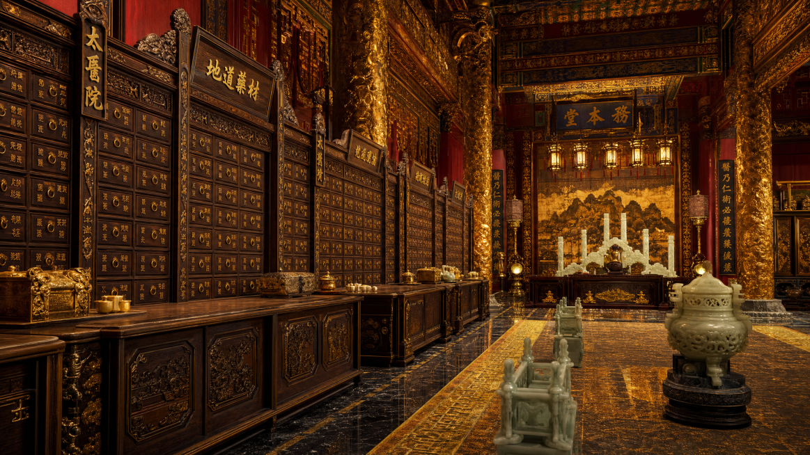 金碧辉煌的皇宫太医院，室内场景，摆放着大型古典实木中药柜，古色古香，细节精致，无人物，整体氛围庄重大气，皇家宫殿华丽装修风格预览效果