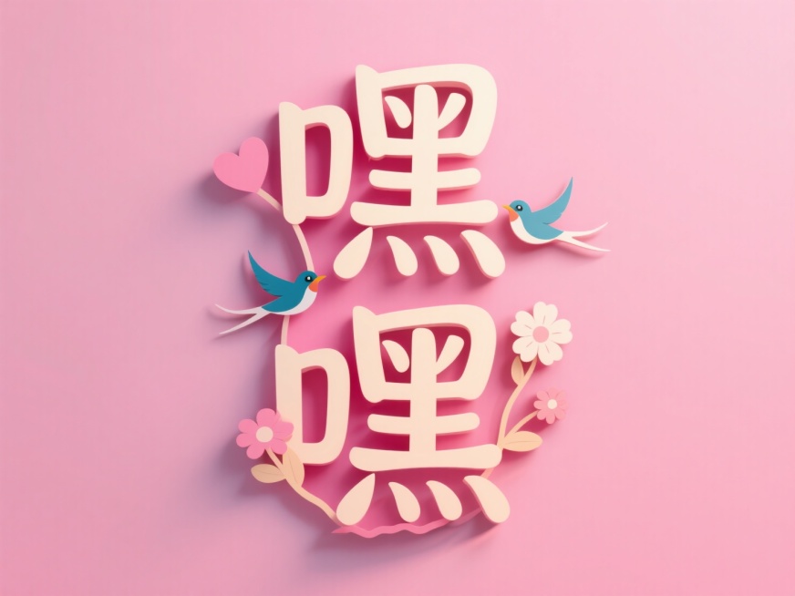 竖向浅色文字"嘿嘿"，线条流畅，纸雕艺术字。创意字体设计点缀两只喜鹊、花朵元素，童趣活泼。粉色背景，浪漫七夕氛围。预览效果