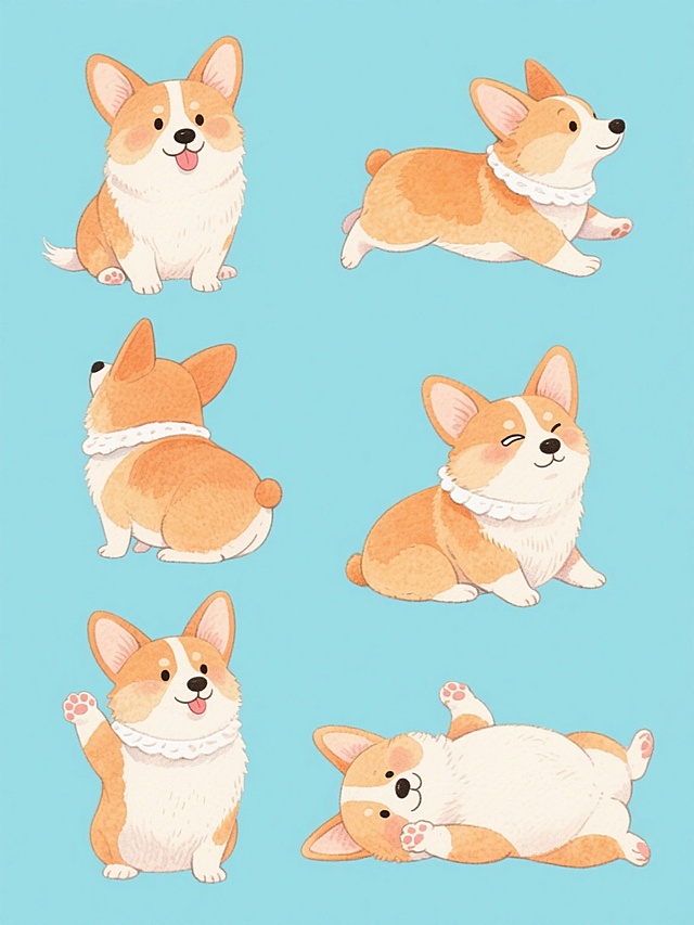 系列水彩风格柯基犬插画，保持原有的圆润可爱造型、柔和的水彩晕染质感、细腻的笔触纹理，变换为统一的纯色背景（如淡蓝色），画面整体色彩协调清新。集合包含6只完全不同造型和角度的柯基：1. 正面坐姿歪头吐舌摇尾，2. 侧面奔跑姿态耳朵飞扬，3. 背面蹲坐翘起短尾巴，4. 趴着抬头歪耳朵眨眼，5. 站立前爪抬起作揖，6. 侧卧露出肚皮打滚。所有柯基均保留标志性大耳朵、胖身体、白围脖和橘白主色调，动作生动各异，规整排布成系列素材集合，整体风格统一且充满童趣。