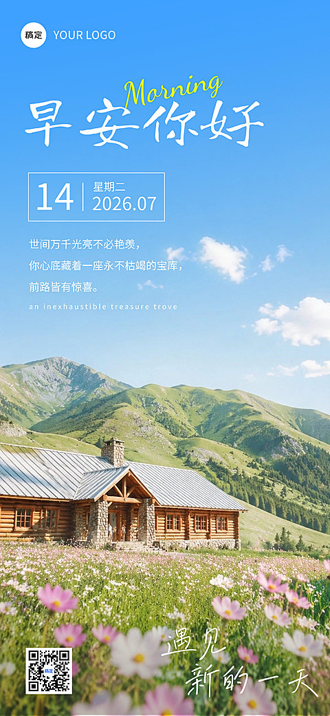 清新自然风实景早安问候日签语录全屏竖版海报AIGC