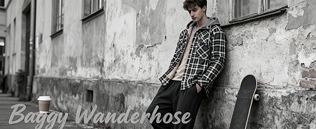 松弛型德国男士倚在城市街头的复古墙旁，身着Baggy Wanderhose，Elastische Taille（弹性腰头）轻显利落；背景是简约滑板+咖啡杯，色调灰调随性。文字（画面底部偏左，浅灰手写斜体字）：Baggy Wanderhose，字体柔和随性，贴靠咖啡杯边缘，契合街头休闲氛围, 1464像素 x 600 像素,看看参考图，只改变模特，不改变服装样式款式颜色印花