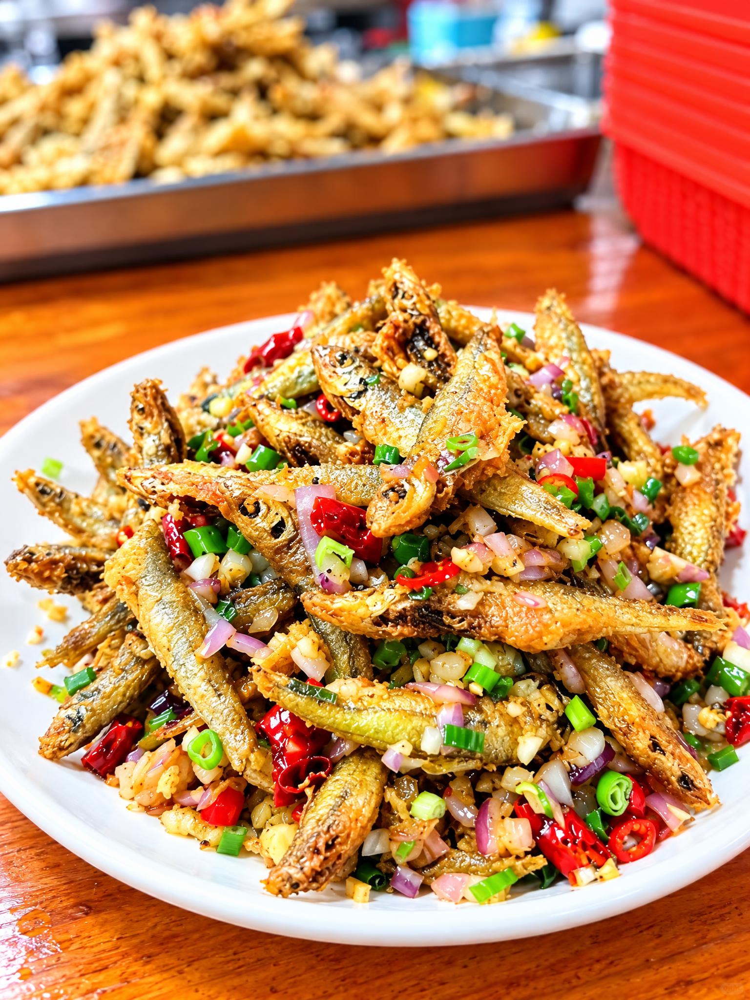 基于参考图中的干炸小河鱼菜品，生成侧面微俯角度的美食摄影图，保… - 图片创意预览