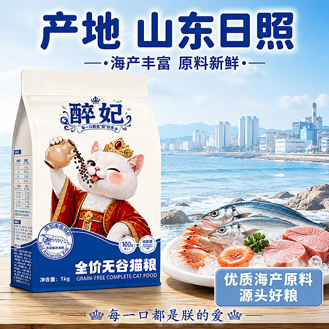 [主图-7] 产地山东日照 品质溯源卖点图
[氛围风格] 产地信任 真实工厂感 专业可信
[画质] 商业摄影质感 产品清晰 背景有真实产地氛围
[元素] 画面左侧放置醉妃全价无谷猫粮包装袋 正面展示 占画面约45% 保持产品外观一致 右侧背景是山东日照海滨城市的柔和剪影 蓝天大海 远处有现代化工厂建筑轮廓 用淡蓝色半透明处理 不抢主体 前景有新鲜海鱼和虾的食材摆盘 放在白色瓷盘中 呼应海产原料 占画面约25% 底部有木质台面 增加真实感
[光影] 自然日光感 明亮通透 产品正面受光均匀 海产食材有自然光泽
[配色] 主背景 暖米白+淡蓝海天渐变 辅助色 深蓝 强调色 海产自然色 整体蓝白调呼应海洋产地
[视角构图] 平视 产品在左 产地图景在右 前景食材增加真实感
[文字版式] 顶部大标题 两行 第一行超大字"产地 山东日照" 深蓝色粗圆润体 第二行"海产丰富 原料新鲜" 字号约一半 同色系 右下角圆角卡片 写"优质海产原料 源头好粮" 浅蓝底白字 底部小字"每一口都是朕的爱" 呼应品牌slogan
[输出要求] 1:1比例 文字清晰 超高清
[负向提示词] 变形 文字错乱 产品模糊 背景杂乱 水印 平台Logo 功效表述 医疗表述