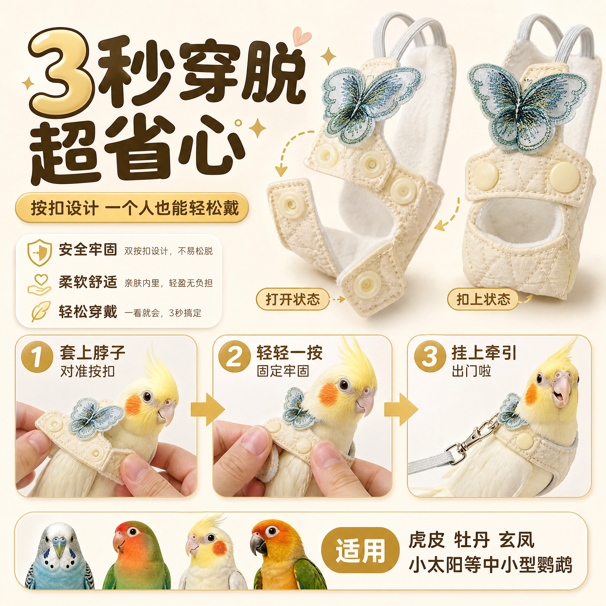 [主图-5] 穿戴演示与信任收口 3秒穿脱步骤+适用鸟种 打消… - 图片创意预览