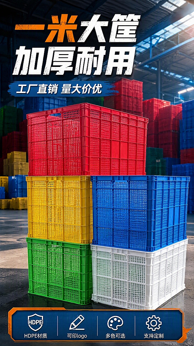 [第1张] 详情页头图主视觉-加厚加大一米塑料周转筐工厂实力海报。本张使用【图1】四色叠放周转筐作为商品主体，【图9】仓储货场作为背景氛围。
[氛围/风格] 工业仓储风+商业摄影质感，硬朗大气，突出工厂实力与产品耐用品质，蓝橙撞色工业风。
[元素布局] 画面中下部为红、黄、绿、蓝、白五色一米筐叠放主体，占比约60%；背景虚化处理为大型工厂仓储货场，远处可见大量堆叠的周转筐与厂房钢结构；左上区域留作标题区，底部横贯信息条；筐体结构、网格镂空、加强筋、颜色色号与输入产品图完全一致。
[光影质感] 右上方工业顶光为主光源，筐体边缘有硬朗高光，底部有自然投影，整体明亮通透有层次。
[配色色系] 全局底色为深灰蓝工业风渐变#2C3E50；主色工业蓝#2980B9；辅助色活力橙#E67E22点缀标题与信息条。
[视角构图] 微仰视45°角，产品为视觉中心，阅读动线左上标题 → 中部产品 → 底部信息条。
[文字版式] 版式为左上大标题 + 中部产品 + 底部信息条。主标题「一米大筐 加厚耐用」，副标题「工厂直销 量大价优」，粗黑体工业风；底部信息条含四个图标标签：HDPE材质 / 可印logo / 多色可选 / 支持定制；文字不遮挡筐体关键结构。
[比例分辨率] 9:16 竖版比例，4K分辨率，文字清晰可辨，高清画质。
[负向提示词] 筐体变形，缺件错件，颜色偏差，水印，文字错乱，产品图模糊，背景杂乱，结构错误。