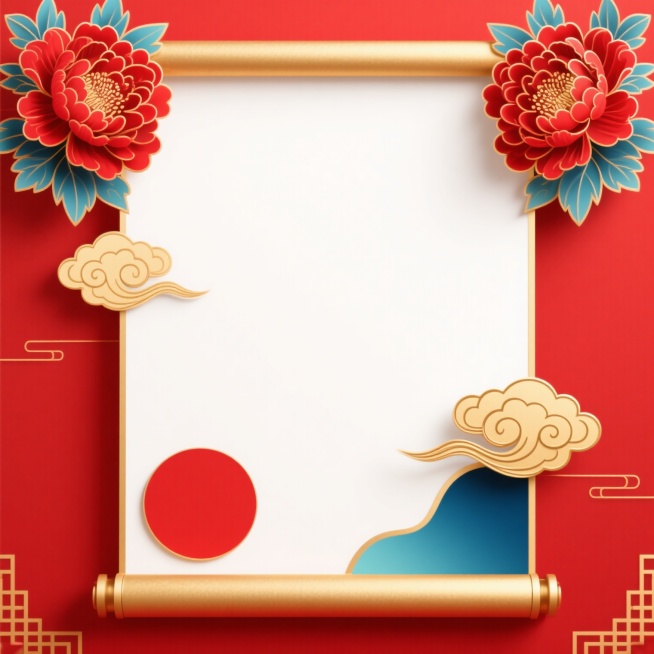国潮风格背景，以正红色为主色调，搭配金色描边和孔雀蓝装饰元素，整体呈现喜庆典雅的氛围。画面中央为大面积留白区域，边缘采用传统卷轴式金色边框设计，顶部两侧装饰绽放的红色牡丹花卉图案，底部左侧有一个圆形红色色块，右侧辅以金色祥云纹样，右下角配有孔雀蓝渐变底色的不规则形状装饰块，整体构图对称平衡，充满浓厚的中国传统节庆气息与现代设计感的融合。预览效果