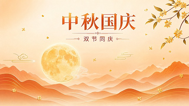 将这张中秋国庆竖版海报改成横版，保持原有风格和元素不变。暖金暖橙配色，圆月居中偏左，桂花枝在右上角，祥云线条装饰，山峦层叠在下方，主标题'中秋国庆'和副标题'双节同庆'在画面上方居中。整体氛围温馨大气，干净有层次感。横版16:9构图，元素重新排布适配横版比例。超高清画质，2K分辨率，清晰无杂色，无LOGO，无二维码。