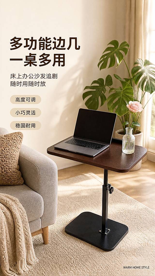 「图片1」，生成一套高级家居温暖的详情页（暖色系），保证产品一致性，商品名称：多功能边几，卖点：床上办公、沙发上追剧、阳台阅读一桌搞定，随用随放，主图风格是温暖家居治愈风，单图比例为9:16，需求屏数为8张。产品图：「图片1」「图片1」「图片1」「图片1」商品尺寸：高度可调：47-80cm 桌板：长*宽：40*30cm。竞品链接：https://v.douyin.com/8E7C9Nma-Og/。你是高级美工，请好好排版，仔细分析卖点，做一套高大上的详情页！使用灵动图象2.0完成。