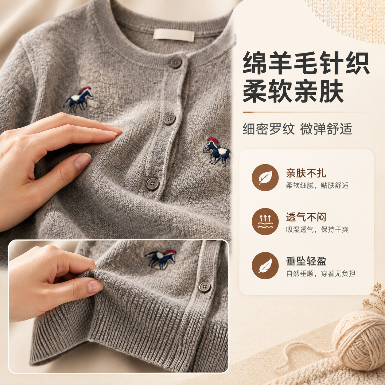 [商品] 使用【图3】灰色小马刺绣绵羊毛开衫；商品处理：保留圆… - 图片创意预览