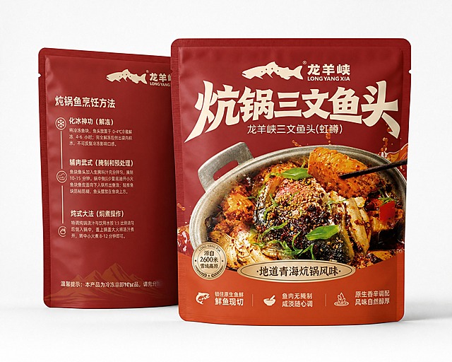四边热压自立袋包装效果图，尺寸比例280mmx244mm，正面展示第一张参考图的'龙羊峡炕锅三文鱼头'包装正面设计，背面展示第二张参考图的烹饪方法背面设计，自立袋立体站立效果，四边热压封边清晰可见，简洁干净的白色背景，柔和自然光，产品摄影风格，高清细节，包装材质为哑光食品复合袋，正面朝向观众略微偏右，背面在左侧略微展示，简洁背景无多余元素