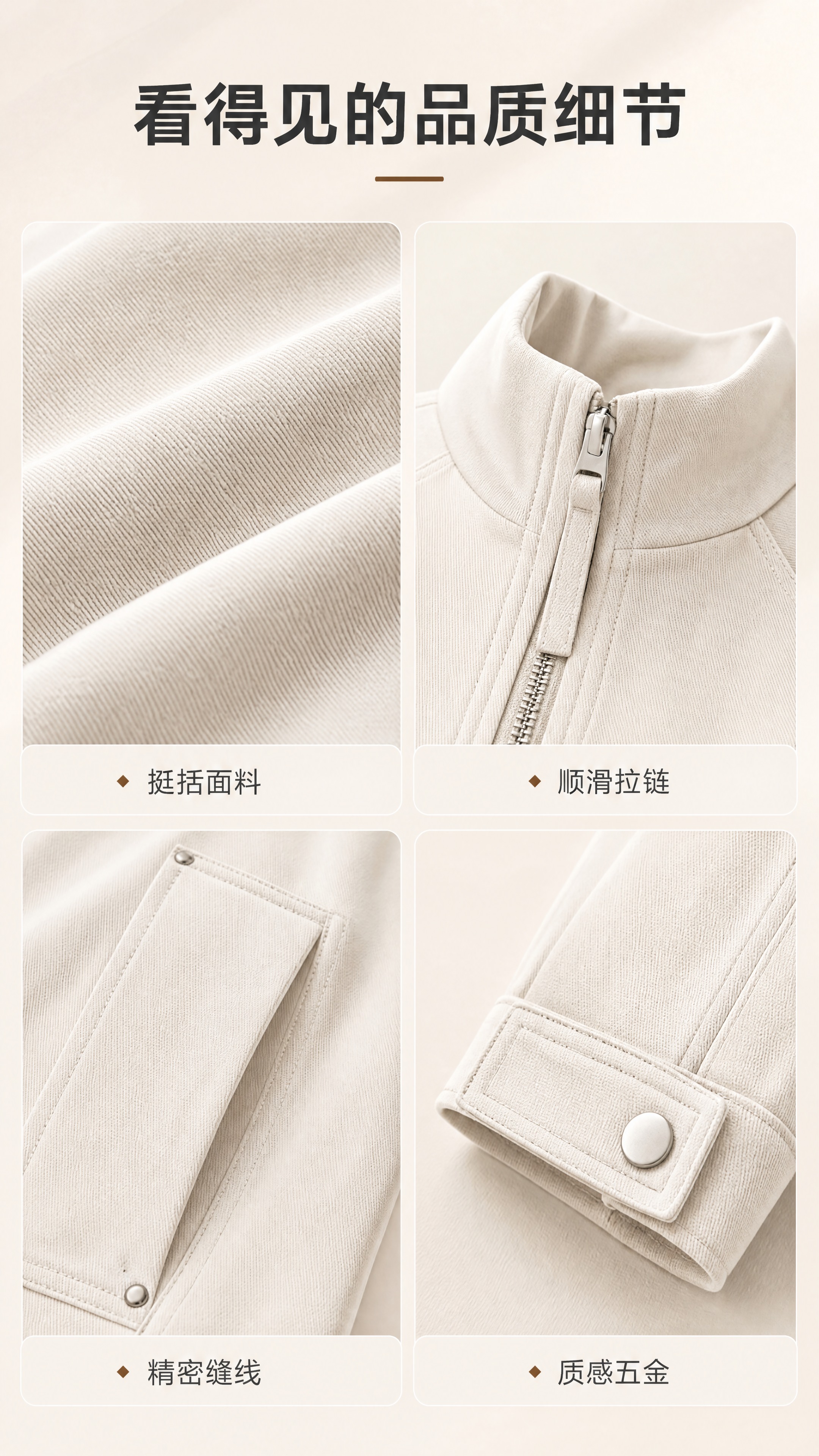 [商品] 使用【图1】米白色立领短款夹克；商品处理：保留立领、… - 图片创意预览