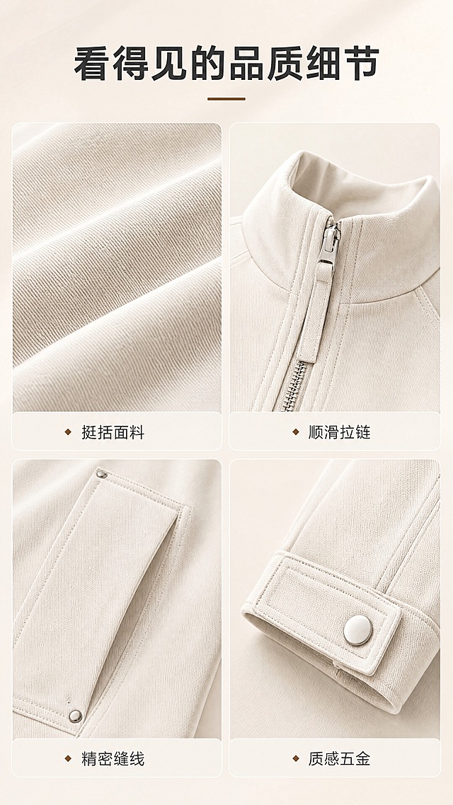 [商品] 使用【图1】米白色立领短款夹克；商品处理：保留立领、拉链、插肩袖、大口袋、袖口按扣、下摆松紧、短款廓形和米白面料颜色；自然去除衣身杂乱褶皱，理顺垂坠，增强面料纹理、缝线、拉链和五金质感，不改变版型和结构。
[画面] 目标为面料与工艺细节页，展示质感与做工；2×2宫格构图，四格分别展示：面料微距纹理、拉链五金特写、口袋缝线细节、袖口按扣工艺；每格独立小场景，配浅米色底和柔和阴影；产品细节占每格70%；阅读动线从左上到右下。
[视觉] 套系策略：风格=极简高级都市商业摄影；标题字=现代无衬线粗体；正文字=简洁无衬线体；主色=米杏白；背景延展=基于米杏白做深浅层级、同色渐变和细腻纸张/织物质感；强调色=深棕咖，仅用于小面积图标、引线和标签；标题色=深炭灰；正文色=中暖灰；组件=圆角浅底信息卡、细线引线；光影=左前侧暖柔光，柔和自然阴影。
[文字] 顶部主标题「看得见的品质细节」，每格下方配短标签：挺括面料、顺滑拉链、精密缝线、质感五金；标签文字小而清晰，不遮挡细节主体；所有文字横排。
[规格] 图片比例9:16竖版，4K分辨率，避免变形、错字、文字过小、冷蓝/蓝灰背景、衣服颜色改变、版型失真、极限词。