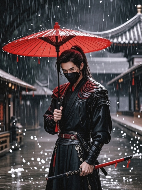 俯拍，一名撑黑色雨伞的刺客，全景，犀利眼神特写，雨滴悬停在半空中 暗色调背景与鲜红雨伞形成强对比，水墨质感的雨水轨迹，武侠电影光影质感预览效果