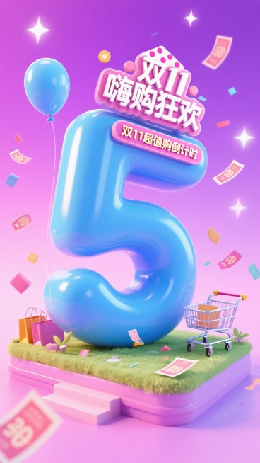 巨型天蓝色气球质感数字 “5”，顶部设置 “嗨购狂欢” 主题标签（带波点装饰元素），搭配 “双 11 超值购倒计时” 文字，背景采用粉紫渐变，融入星光、购物车、优惠券等装饰元素，整体营造欢快的购物倒计预览效果