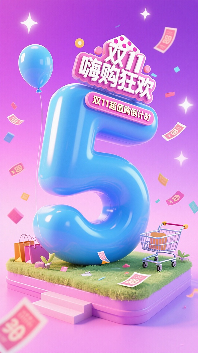梦幻粉紫渐变背景，软3D充气风数字“5”搭配毛发生长草皮与购物车，萌趣可爱，满载促销喜庆氛围，双11狂欢倒计时跃然眼前。