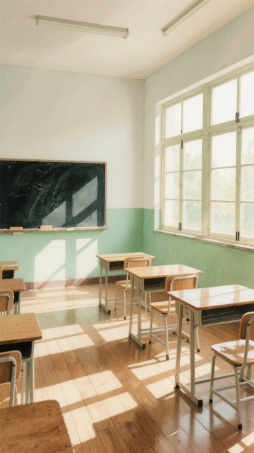 温暖明亮的教室内部，清晨阳光透过多扇玻璃窗洒入，在木质地板上形成清晰的光影条纹，浅绿色墙壁搭配老式木质课桌椅，前方是黑色黑板，整体呈现清新治愈的水彩画风格，柔和的笔触与通透的色彩晕染，营造宁静而充满希望的氛围，细节处保留木质纹理的细腻质感和光线的温暖渐变。预览效果