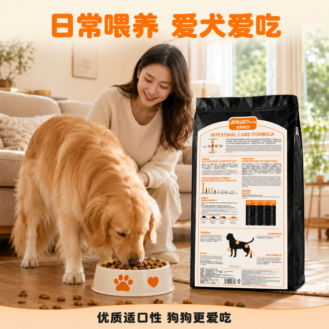 [第5屏] 喂食场景展示屏-心粮狗粮家庭日常喂食场景。
[氛围/风格] 温馨自然，生活化场景，真实感强，让买家有代入感。
[元素布局] 背景为居家客厅环境，画面中心放置成年金毛犬正在狗碗前吃狗粮，旁边预览效果