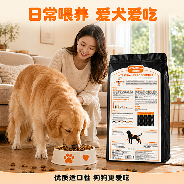 [第5屏] 喂食场景展示屏-心粮狗粮家庭日常喂食场景。
[氛围/风格] 温馨自然，生活化场景，真实感强，让买家有代入感。
[元素布局] 背景为居家客厅环境，画面中心放置成年金毛犬正在狗碗前吃狗粮，旁边放着本品20kg包装袋，包装保持输入图的结构颜色文字一致，女主人站在旁边微笑看着狗狗。前景放置散落的狗粮颗粒特写。整体无边框满铺。
[光影质感] 自然光从窗户射入，整体柔和明亮，场景温馨有生活气息，产品包装清晰突出。
[配色色系] 全局底色：#FFF8F0（浅暖橙）；主体配色：#1A1A1A（包装黑色）+ #FF8822（品牌橙色）+ #FFFFFF（包装白色文字）；辅助色：#D46A18（深棕色）+ #111111（标题黑色）。
[视角构图] 平视生活化视角，场景占据整个画面，产品包装袋放置在画面右侧中区域，不遮挡主体喂食互动。
[文字版式] 顶部大标题“日常喂养 爱犬爱吃”，橙色加粗圆角黑体，居中对齐，字号为画面高度7%。底部浅橙色底条放置文字“优质适口性 狗狗更爱吃”，黑色文字居中。字形采用圆角黑体标题+无衬线正文，字色为橙色+黑色两种，字效为纯色填充，和首屏保持一致。
[比例分辨率] 1:1方图，宽度1024像素，高度1024像素，2k分辨率，文字清晰可辨，超高清。
[负向提示词] 包装变形，文字错乱，产品图模糊，水印，背景杂乱，颜色偏差，极限词，虚假宣传。