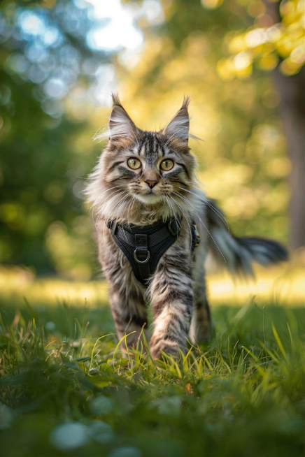 给草地上走的缅因小猫戴上黑色背带，保留原图户外自然场景、光影和拍摄风格不变，只添加黑色背带预览效果