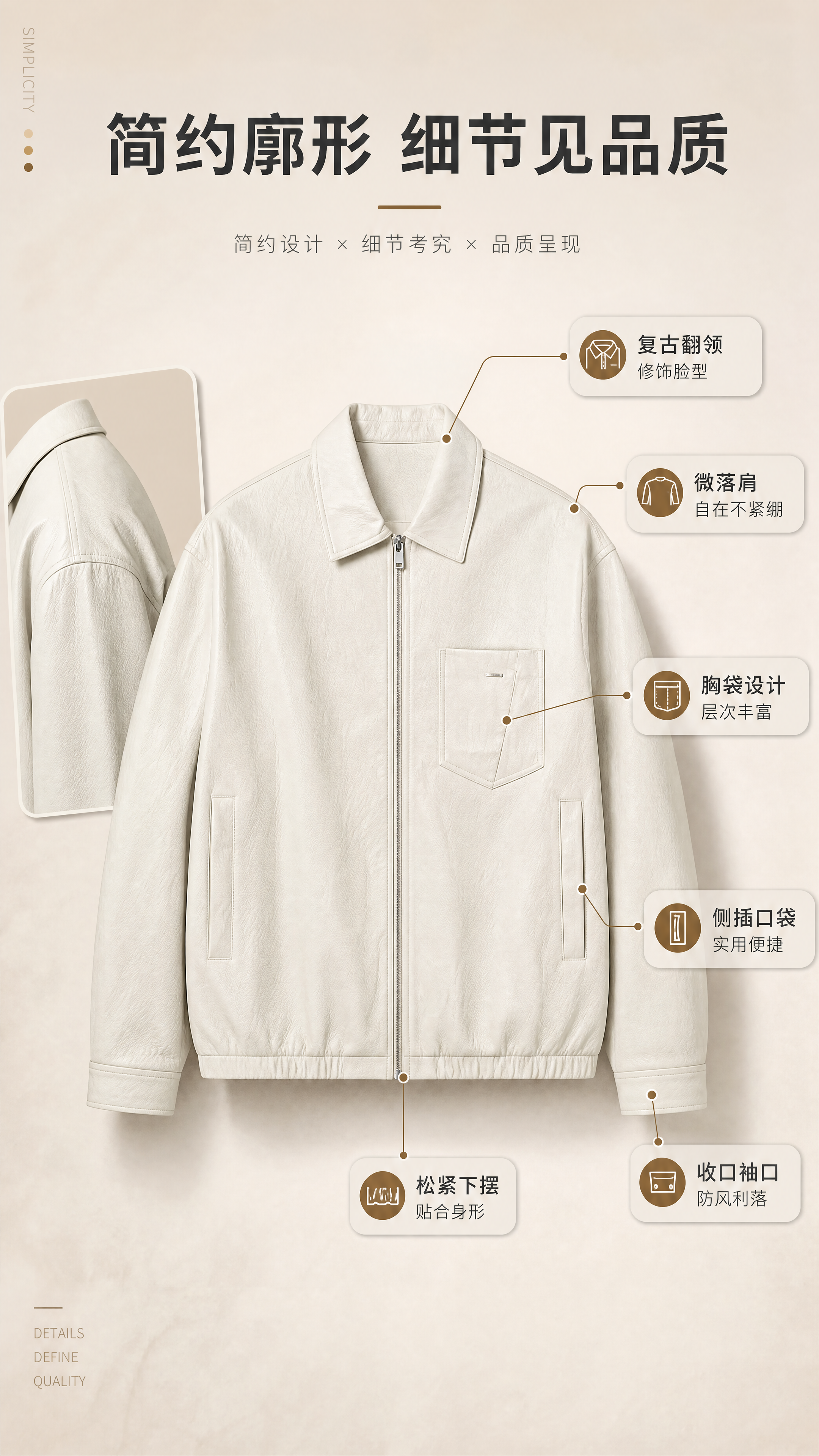 [商品] 使用【图1】米白色翻领PU皮夹克；商品处理：保留翻领… - 图片创意预览