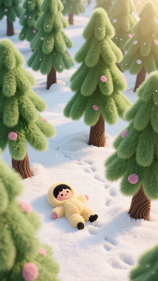 一片冬日森林场景，森林里有大量高大的松树，一个小孩躺在雪地上，摆动手和脚在雪地上形成痕迹，正面高空俯拍视角