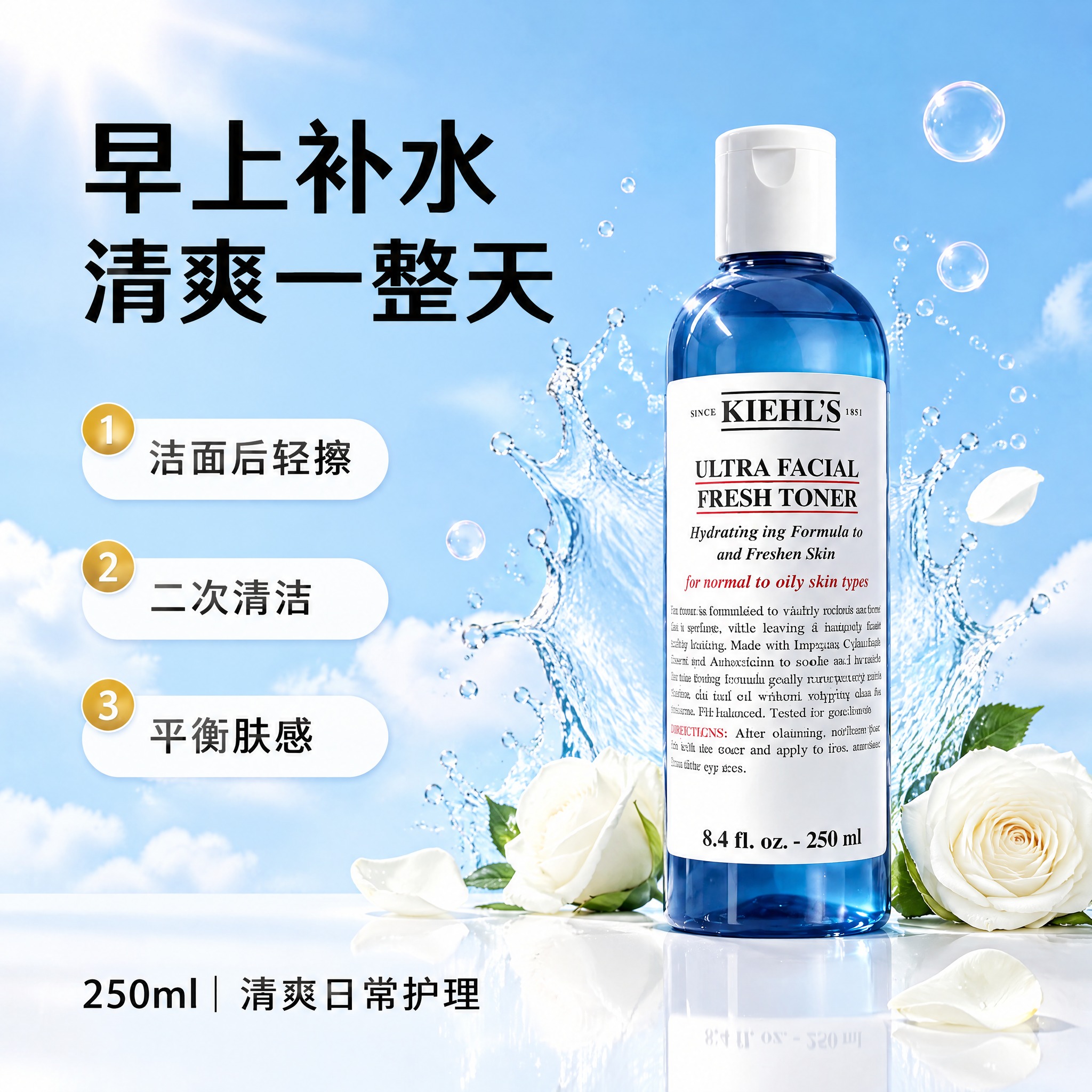 参考第二张图的排版布局，将第一张图中的科颜氏爽肤水产品放在画面… - 图片创意预览
