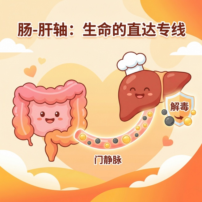 扁平矢量卡通风格医学科普插图，左侧是卡通化肠道，右侧是卡通化肝脏，两者间由标有“门静脉”的发光透明管道连接，管道内有代表营养的发光金色小球和代表毒素的暗色灰色小球流向肝脏，肝脏旁有盾牌图标表示“解毒”预览效果