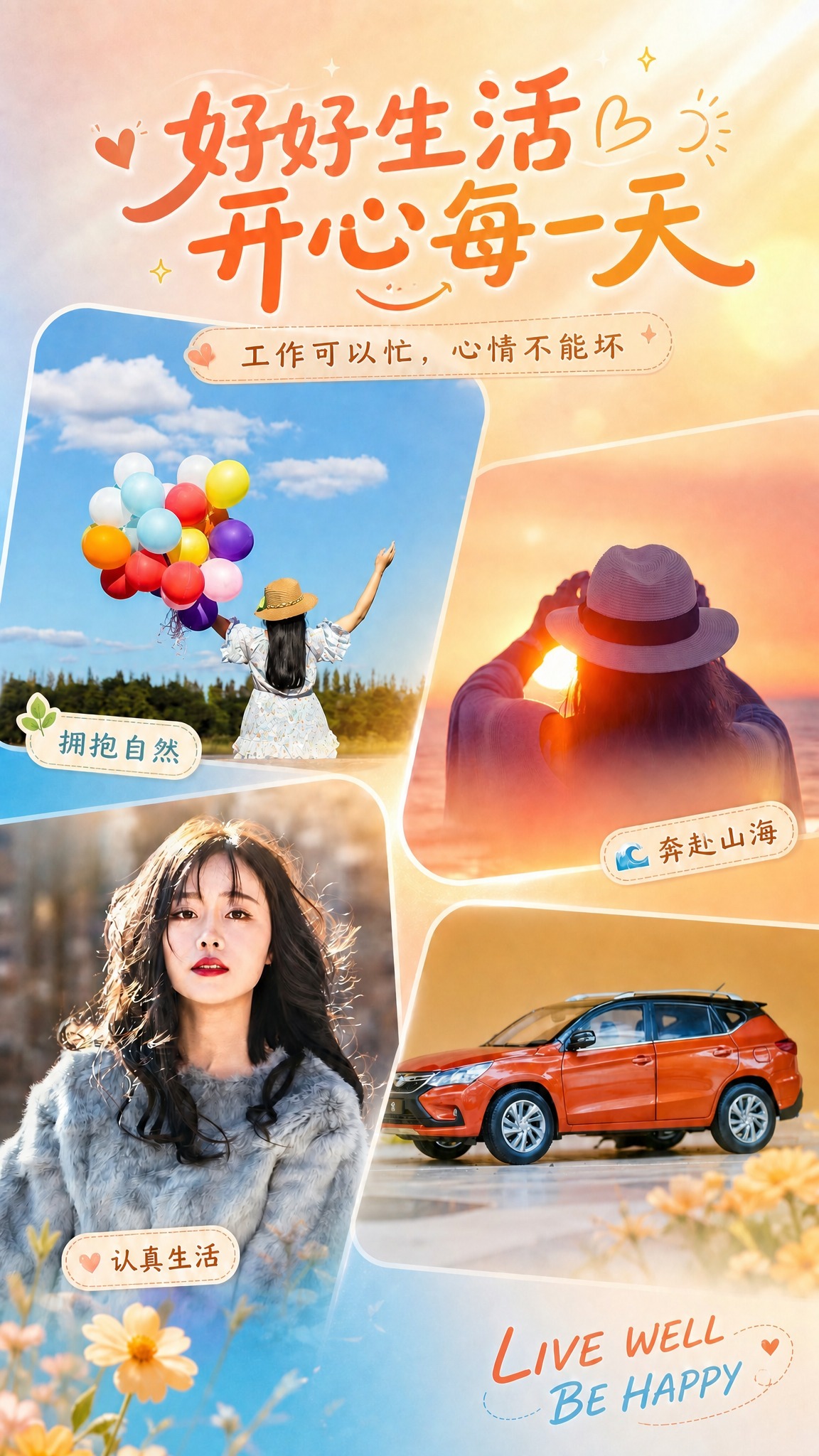 将海报中副标题"工作再忙，也别忘记取悦自己"替换为"工作可以忙… - 图片创意预览