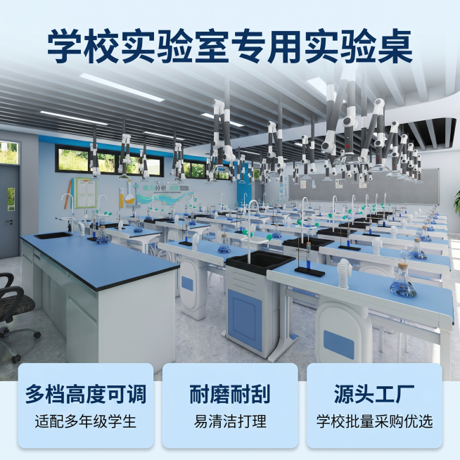 [主图 5] 实验桌综合优势转化主图，突出学校批量采购优势。
[氛围风格] 专业清爽商用电商风格，蓝白专业配色，学术质感明亮通透；
[画质] 商业摄影质感、光线柔和通透、产品清晰真实、画面干净高级。预览效果