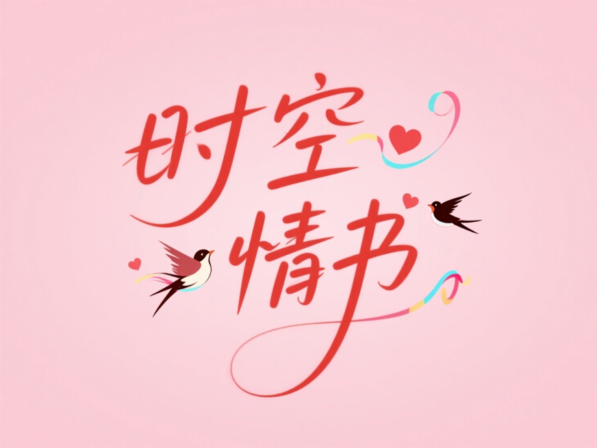 文字“时空情书”，笔画流畅圆润细腻，点缀爱心、喜鹊、彩带，粉色背景红字，浪漫梦幻预览效果