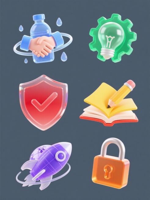一系列6个3D立体图标，每个图标都具有透明渐变的玻璃质感，边缘锐利且带有高光反射，整体风格保持一致。第一个图标是蓝色透明的握手与水瓶组合，周围环绕着水滴和圆形光环；第二个图标是绿色透明的齿轮与灯泡组合，齿轮边缘有锯齿状细节，灯泡内部有灯丝结构；第三个图标是红色透明的盾牌与对勾组合，盾牌表面有光滑的弧度，对勾线条流畅；第四个图标是黄色透明的书本与铅笔组合，书本页面有层次感，铅笔笔尖尖锐；第五个图……预览效果