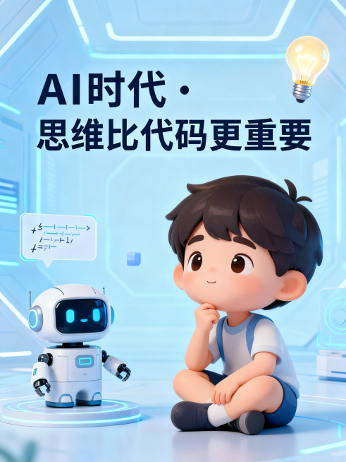 简约治愈风，浅蓝科技感背景，一个卡通小孩呈思考姿势，旁边有AI机器人、代码、灯泡灵感元素，整体明亮干净，画面中央文字突出显示"AI 时代・思维比代码更重要"，适合家长教育类图文封面预览效果