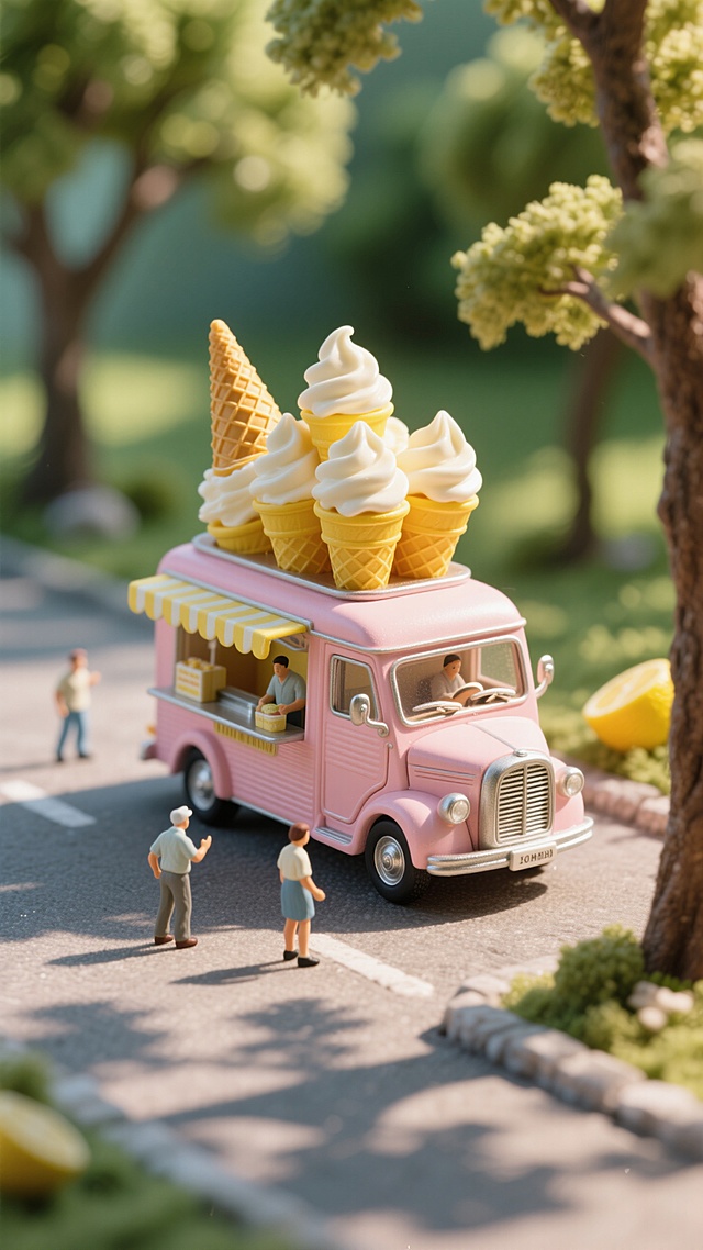 3D微缩艺术风，粉色冰淇淋车承载甜蜜与清新，超现实主义场景营造梦幻夏日氛围。