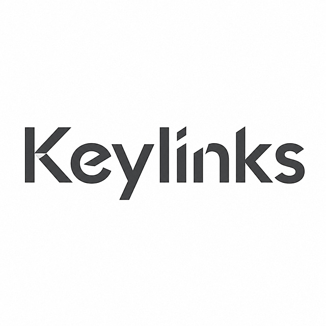 干净的纯白色背景。平面艺术字体设计，8个主体字母 "Keylinks"，所有文字单行横向排列。现代极简商务风格，简约无衬线几何字体，笔画采用几何切割处理，整体造型简约利落，深灰色主体字。仅包含文字："Keylinks"，不得增加、遗漏或替换任何一个字。文字整体必须完整呈现在画面内不可被裁切，四周留有安全边距。比例1:1