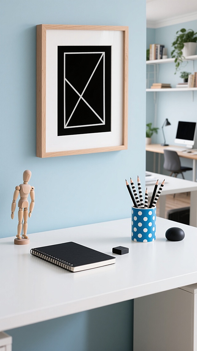 极简主义风格的书桌场景，浅淡蓝色背景墙，白色桌面，左侧有一个木质相框，相框内是黑色底白色几何线条装饰画，相框旁放置一个木质小人模型，模型下方有一本黑色线圈笔记本，右侧有一个蓝白波点图案的笔筒，里面插着几支黑白条纹铅笔和一个黑色橡皮擦，笔筒旁边有一个黑色圆形物体，整体画面干净整洁，光线柔和，营造出简约、清新、舒适的办公学习氛围，不同场景中书桌布置包含书架、绿植、台灯、电脑等不同元素，保持相同的极简风格和色彩搭配。