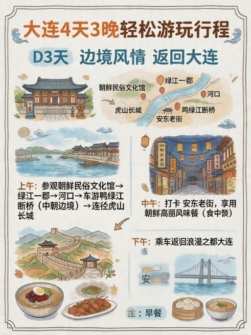 大连4天3晚轻松游玩行程，D3天：参观朝鲜民俗文化馆-【绿江一郡】-河口-车游鸭绿江断桥（中朝边境）-途径虎山长城-打卡安东老街-朝鲜高丽风味餐！后乘车返回浪漫之都大连！住：大连，含早中餐。整体风格为预览效果