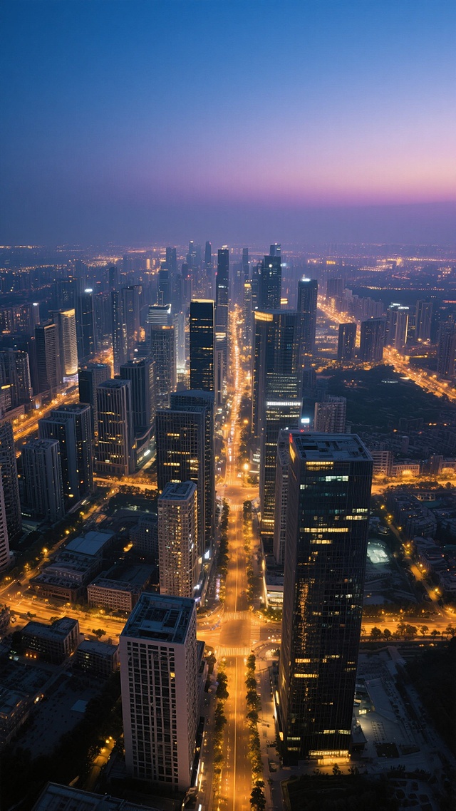 航拍视角下的城市全景，干净的现代都市夜景，高楼大厦与街道灯光交织，远处天空呈现渐变的深蓝色与淡紫色，城市灯光以暖黄色为主点缀其间，整体画面简洁清晰，适合作为背景素材使用，无多余文字和标识，视觉层次分明，空间感强，氛围宁静而富有都市气息。