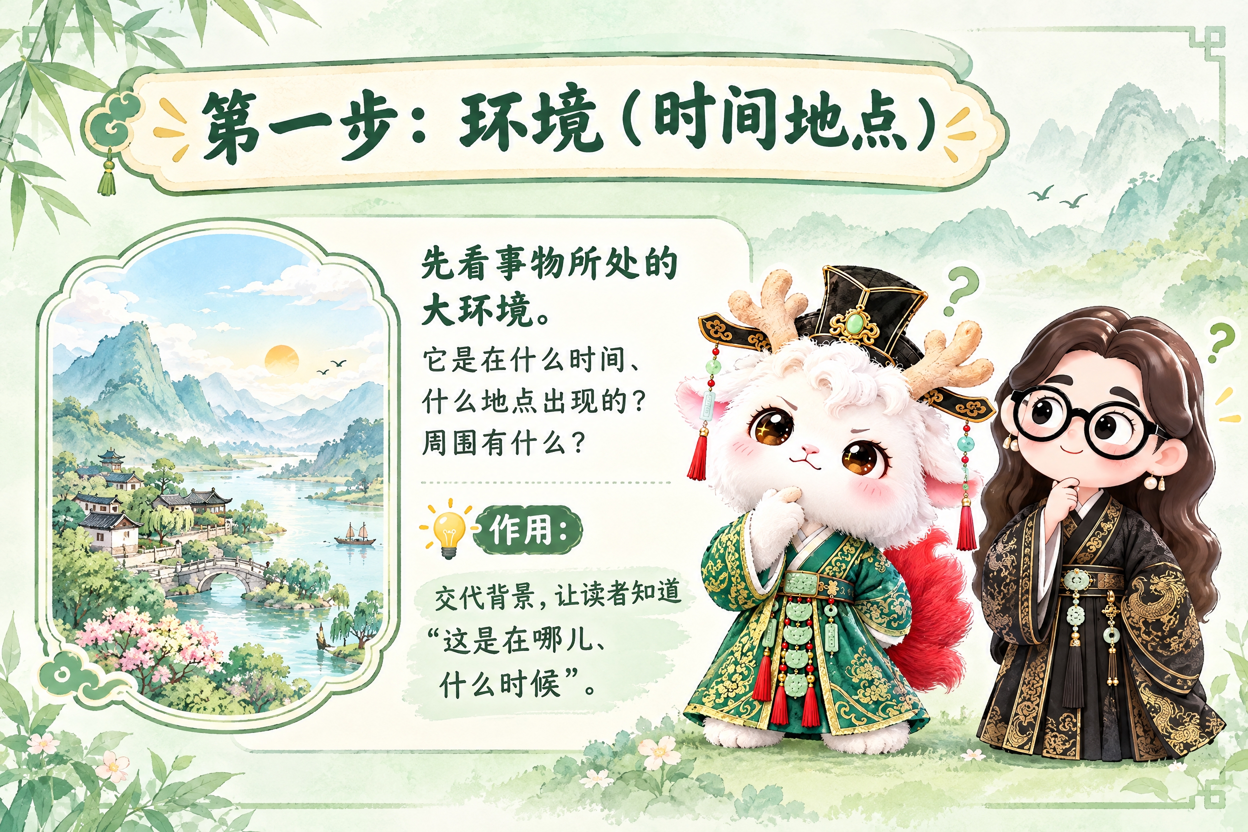 横版6寸比例的知识卡片设计，标题为"第一步：环境（时间地点）"… - 图片创意预览