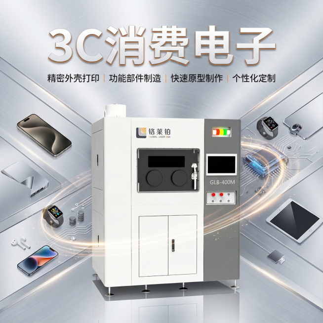 基于原图生成一张高大上的产品介绍图，1比1构图，保留原始3D打印设备，添加文字内容“3C消费电子”，突出该设备在3C消费电子领域的应用，整体风格时尚科技，浅银色金属质感背景，简洁现代，高清质感，高端大预览效果