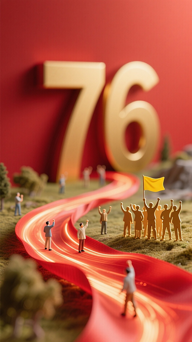 3D微缩艺术风格，鎏金数字“76”象征辉煌历程，红色光路引领奋进人群，融合喜庆、政务与热血氛围，彰显励志精神。