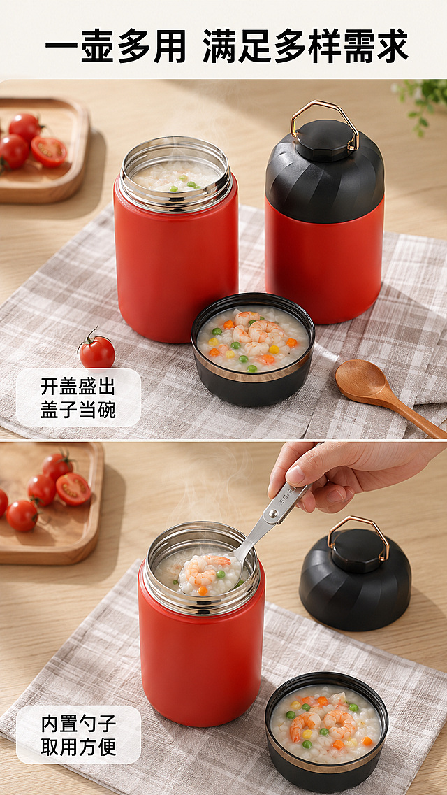 使用电商详情页技能根据商品图「图片1」「图片1」「图片1」「图片1」「图片1」生成1套详情页，参考图为，商品名称为大容量焖烧壶，卖点为304不锈钢内胆、自带金属提手、内置不锈钢勺子、盖子可以当小碗，适配平台为拼多多，图片比例为9:16，需求屏数为8张，模块包含 ，其他要求为