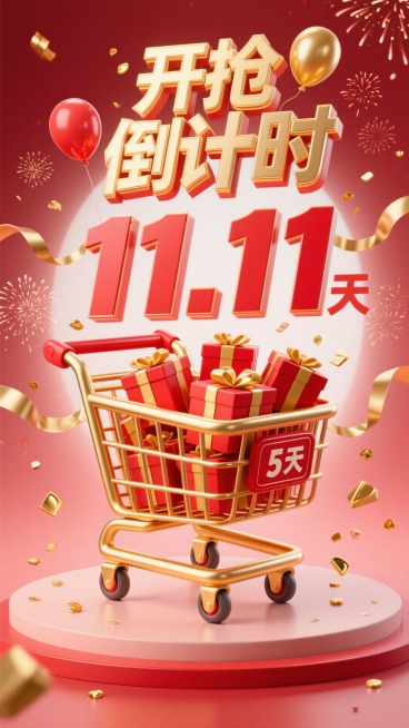 超大号红色卡通购物车，车筐内装满红金礼盒和 “11.11” 气球，车轮边缘镀金色；购物车上方用金色艺术字写 “开抢倒计时”，下方搭配红色立体字 “5 天”；周围漂浮金色丝带、小型烟花、碎金片，背景为浅预览效果