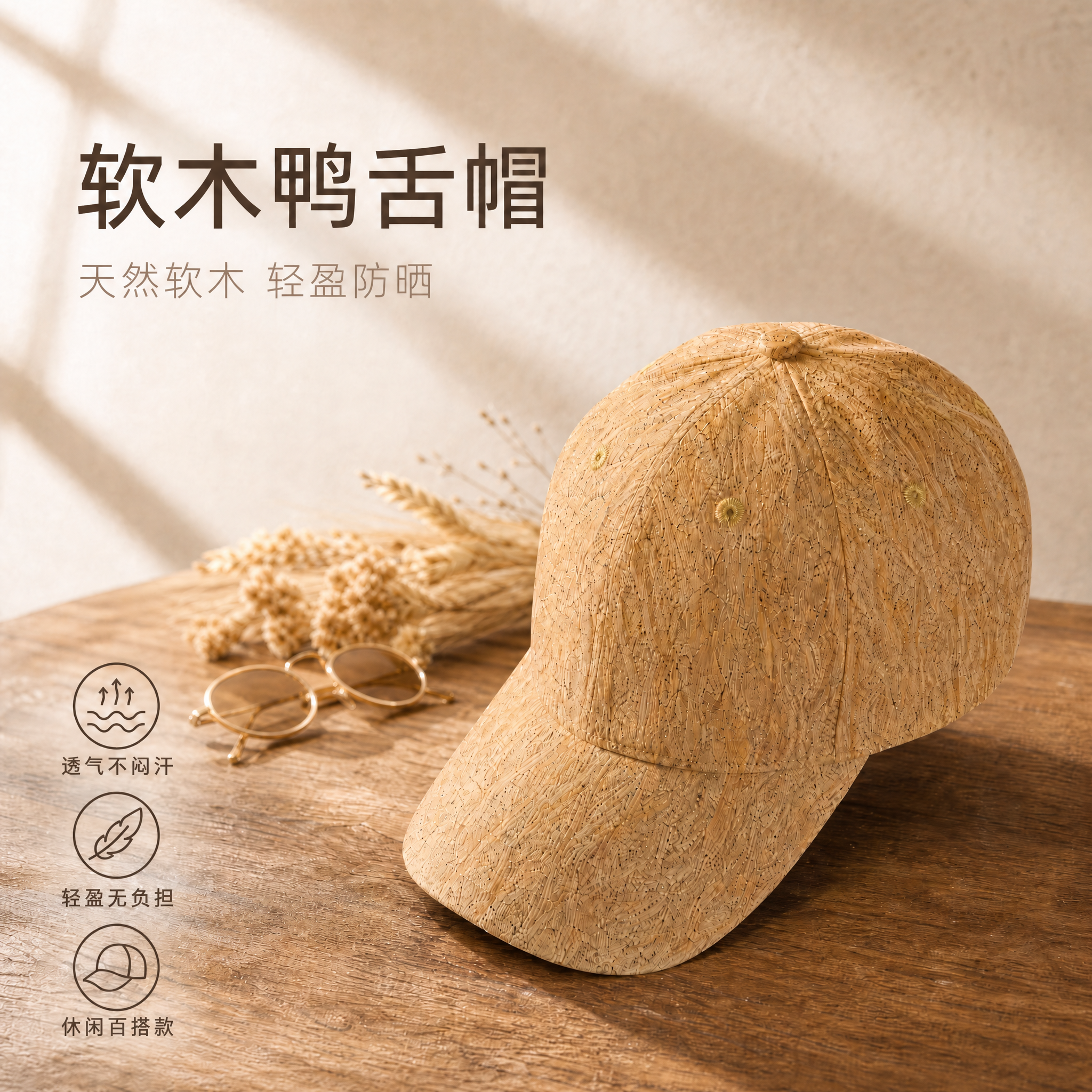 将图中所有文字修改为软木鸭舌帽相关：左上角主标题改为「软木鸭舌… - 图片创意预览