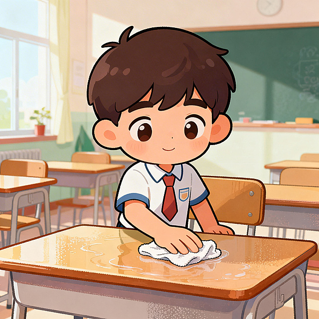 Modern flat animation style, bright soft pastel tones, a bit of noise texture, cute cartoon elementary school students, bright clean cartoon classroom, medium shot, clean lines, high detail, no complex background, no text. A little boy wipes the table with a cloth, the classroom looks bright and tidy